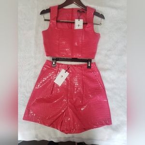 7 For All Mankind Croc Faux Leather Top and Shorts Set, Size XS, New, Hot Pink
